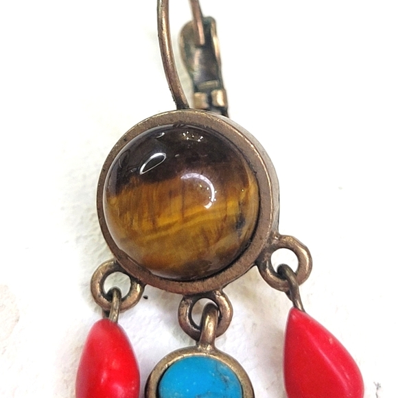 Precious Gemstones Boho Earrings Turquoise Tiger's eye Red Jasper Jade - Picture 4 of 8